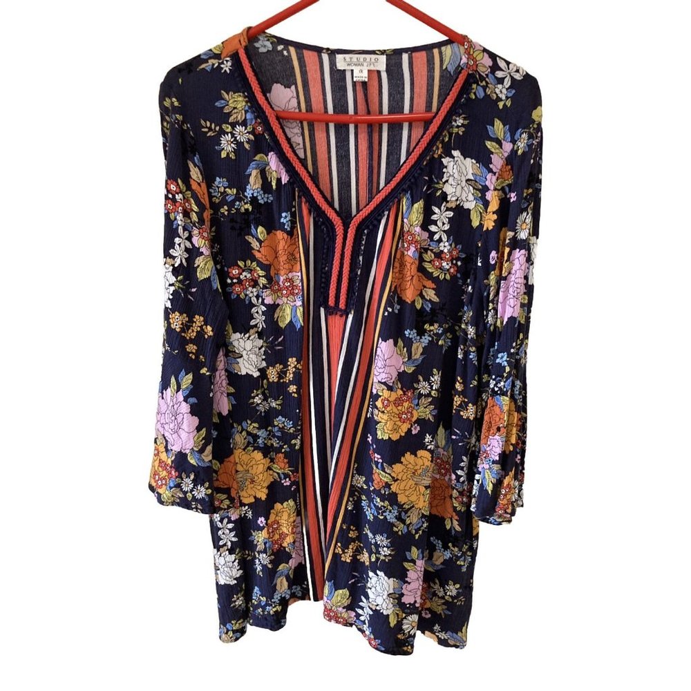 Studio Woman Size 1X Colorful Peasant Bohemian Boho Blouse Tunic Top Floral Blue - Picture 2 of 6
